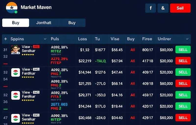 Market Maven trading screen showing buy/sell options for Indian stocks