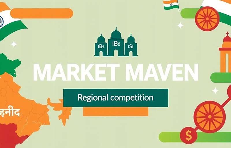 Market Maven regional competition poster featuring Indian states and trading symbols